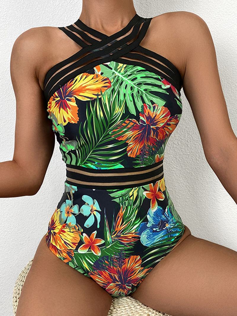 Tropikalne Rośliny Drukowanie Striped Mesh Odchudzanie One Piece Damskie Hawaii Swimsuit