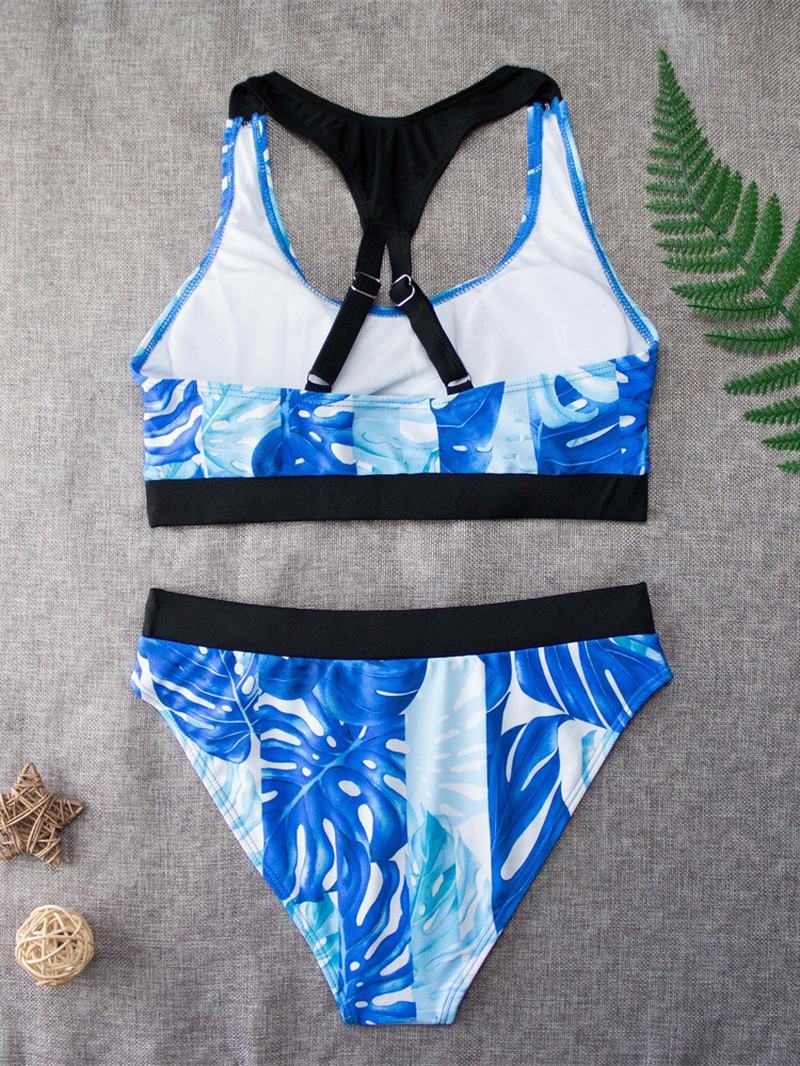 Tropikalny Wzór Liści Criss Cross Back Szerokie Ramiączka Wysoka Talia Summer Beach Bikini Stroje Kąpielowe