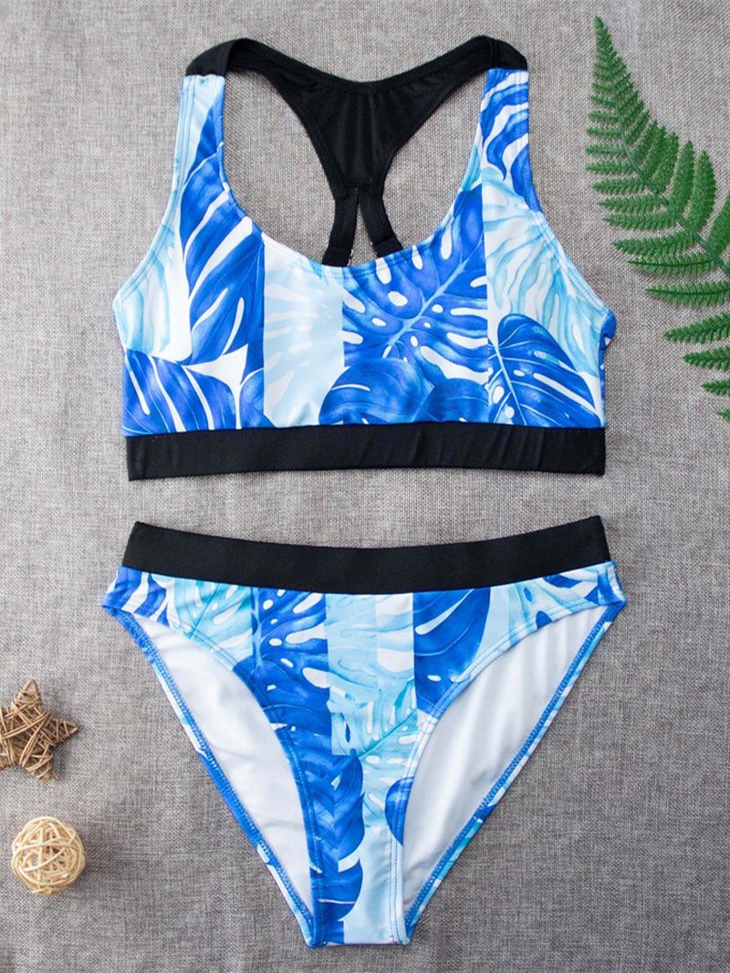 Tropikalny Wzór Liści Criss Cross Back Szerokie Ramiączka Wysoka Talia Summer Beach Bikini Stroje Kąpielowe