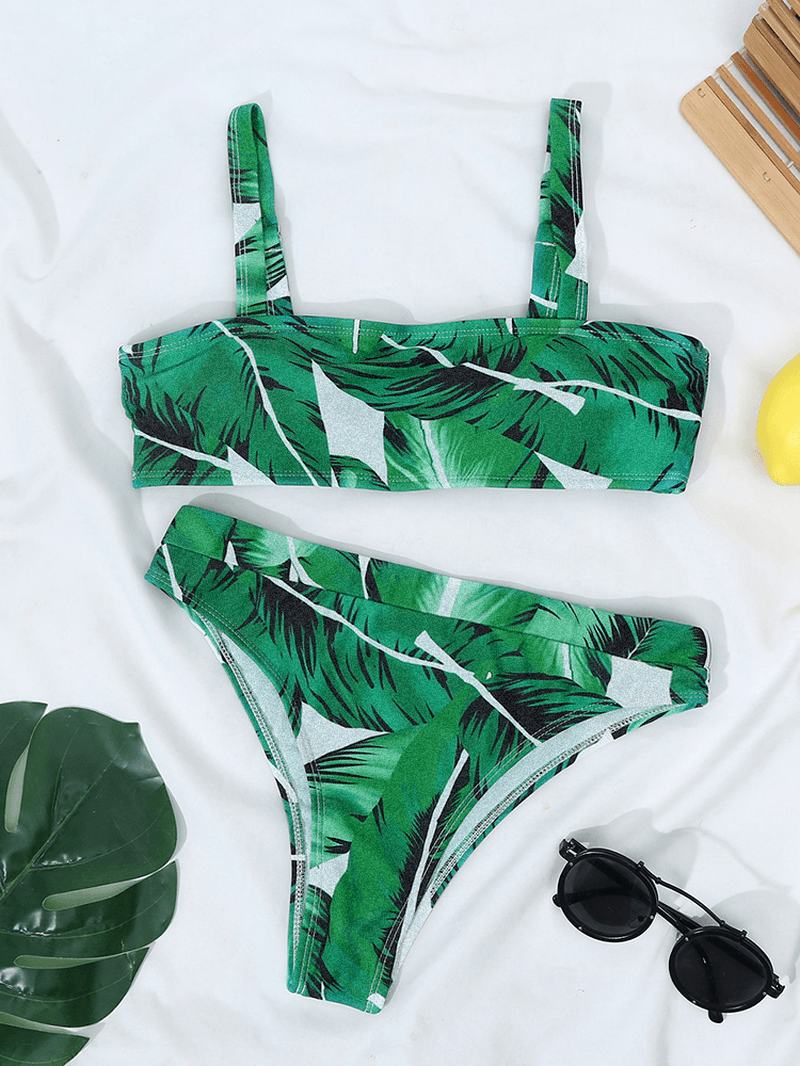 Tropikalny Wzór Roślinny Odkryte Plecy Regulowane Ramiączka Wysoka Talia Beach Bikini Swimsuit
