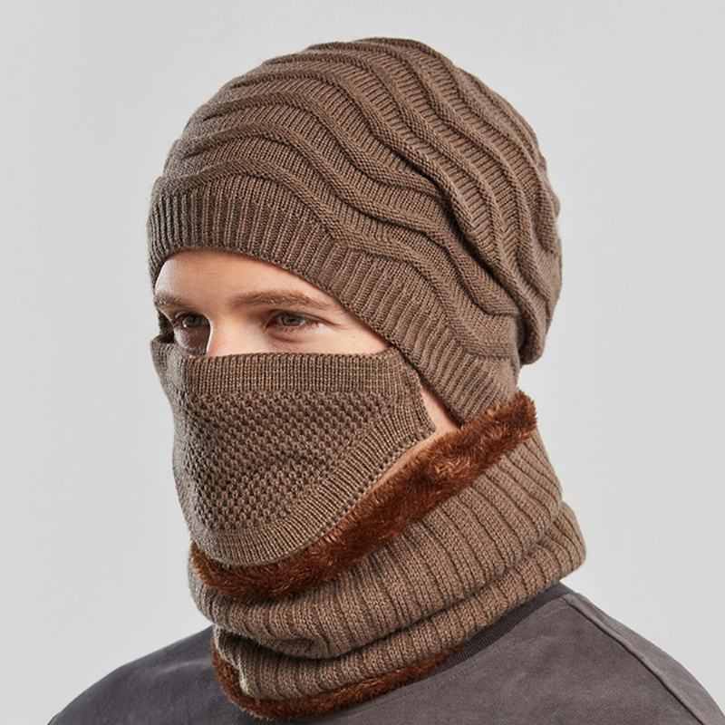 Unisex 3 Szt. Plus Aksamitna Gruba Ciepła Maska Na Szyję I Uszy Nakrycia Głowy Szalik CZapka Z Dzianiny