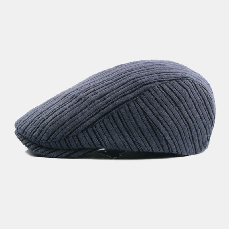 Unisex Brytyjska Retro Wzór W Paski Dzianinowa CZapka Jesienna Ciepła Parasolka Regulowana CZapka Beret Płaska CZapka