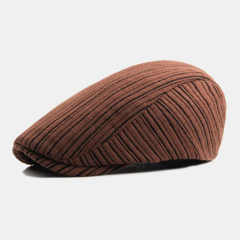 Unisex Brytyjska Retro Wzór W Paski Dzianinowa CZapka Jesienna Ciepła Parasolka Regulowana CZapka Beret Płaska CZapka