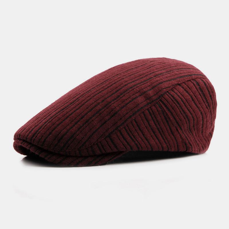 Unisex Brytyjska Retro Wzór W Paski Dzianinowa CZapka Jesienna Ciepła Parasolka Regulowana CZapka Beret Płaska CZapka