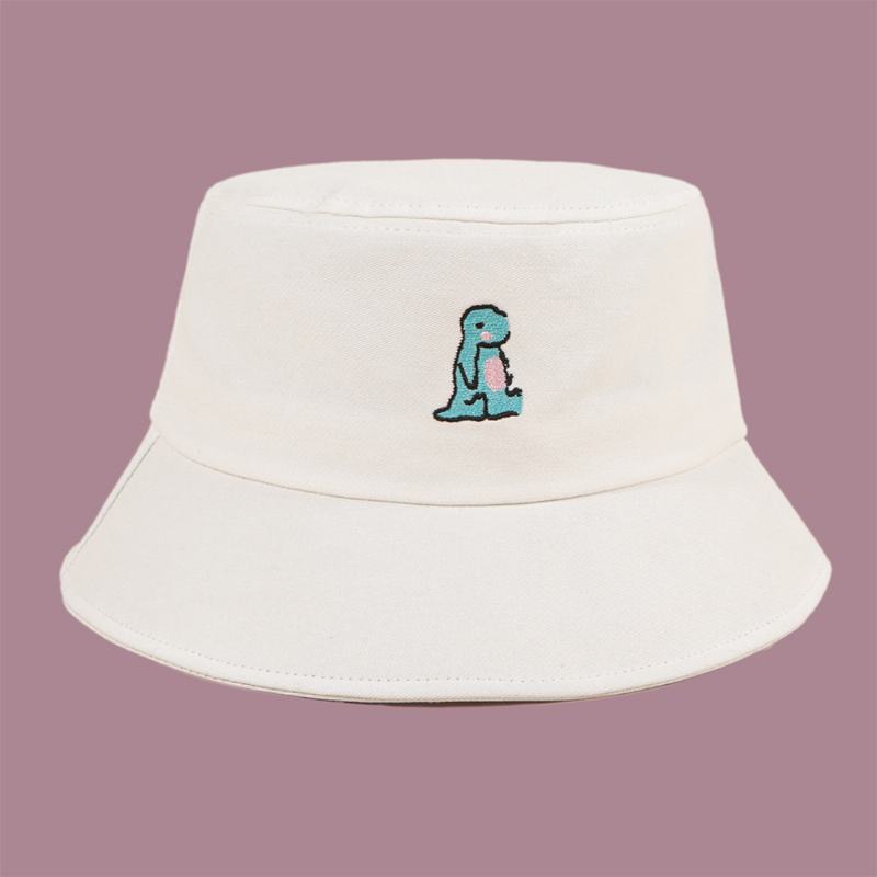 Unisex Cartoon Mały Dinozaur Haft Kapelusz Przeciwsłoneczny Outdoor Casual Sunshade Bucket Hat