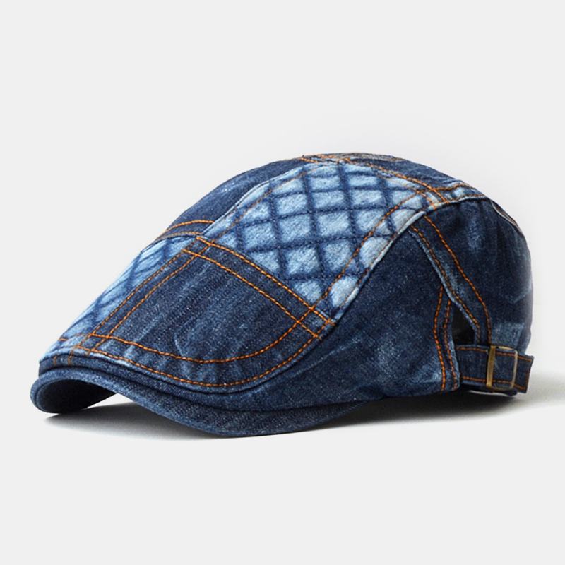 Unisex Denim Kratowy Wzór Outdoor Casual Wild Forward Hat Beret Cap Flat Hat