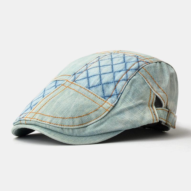 Unisex Denim Kratowy Wzór Outdoor Casual Wild Forward Hat Beret Cap Flat Hat