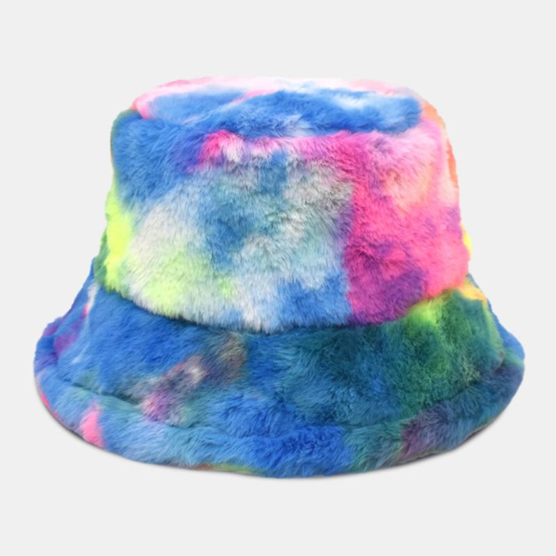 Unisex Faux Rabbit Fur Kolorowe Gradient Tie-dye Wiadro Kapelusz Zima Zagęścić Ciepło Wiatroszczelna Moda Kapelusz Parasolka