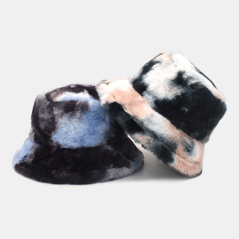 Unisex Faux Rabbit Fur Kolorowe Gradient Tie-dye Wiadro Kapelusz Zima Zagęścić Ciepło Wiatroszczelna Moda Kapelusz Parasolka