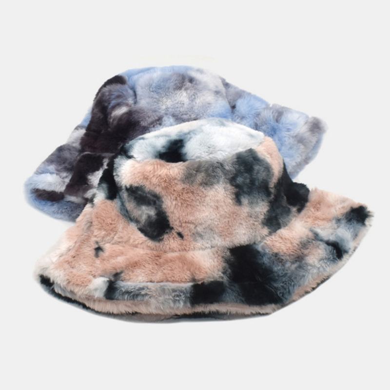 Unisex Faux Rabbit Fur Kolorowe Gradient Tie-dye Wiadro Kapelusz Zima Zagęścić Ciepło Wiatroszczelna Moda Kapelusz Parasolka