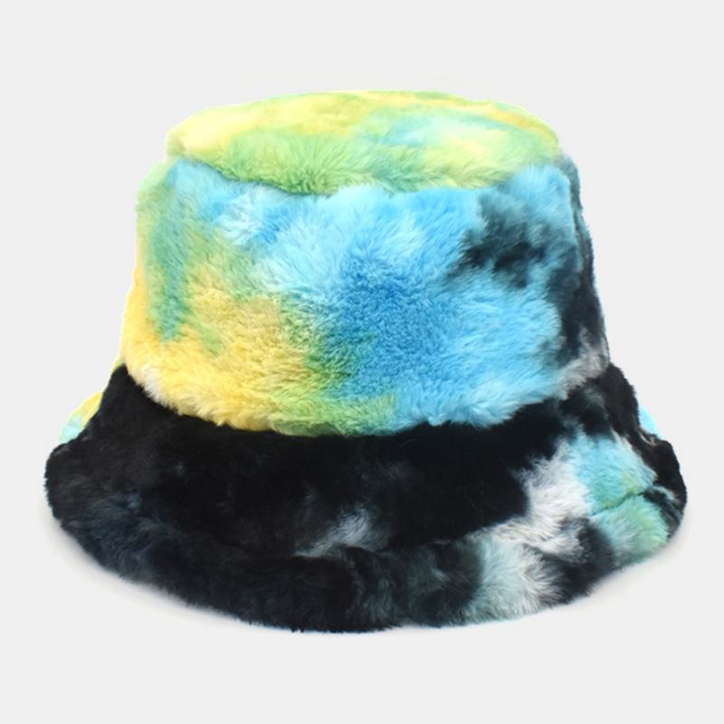 Unisex Faux Rabbit Fur Kolorowe Gradient Tie-dye Wiadro Kapelusz Zima Zagęścić Ciepło Wiatroszczelna Moda Kapelusz Parasolka