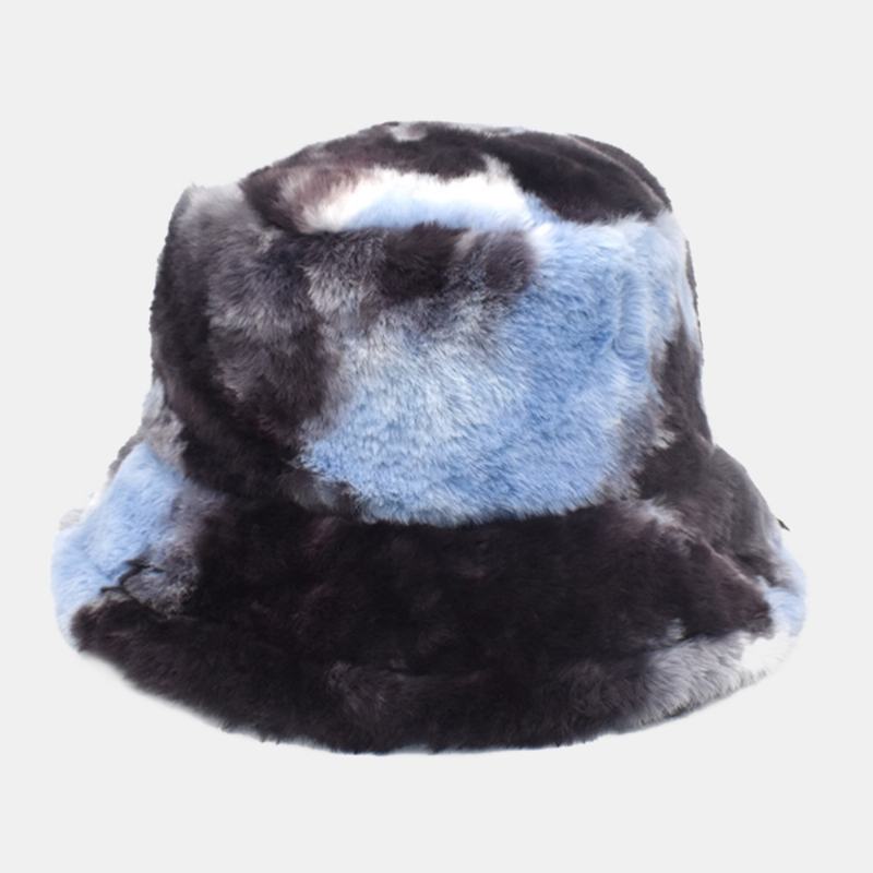 Unisex Faux Rabbit Fur Kolorowe Gradient Tie-dye Wiadro Kapelusz Zima Zagęścić Ciepło Wiatroszczelna Moda Kapelusz Parasolka