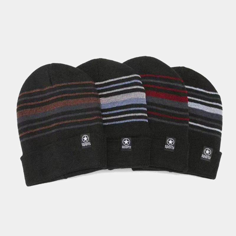 Unisex Kolorowe Paski Plus Aksamitne Zagęścić Ciepła Dzianinowa CZapka Jesienno-zimowa Ochrona Słuchu Wiatroszczelna CZapka Typu Beanie