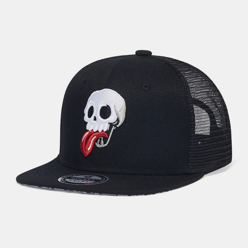 Unisex Mesh Patchwork Cartoon Skull Haft Big Flat Brim Oddychająca CZapka Z Daszkiem W Stylu Hip-hop