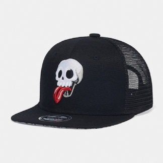 Unisex Mesh Patchwork Cartoon Skull Haft Big Flat Brim Oddychająca CZapka Z Daszkiem W Stylu Hip-hop