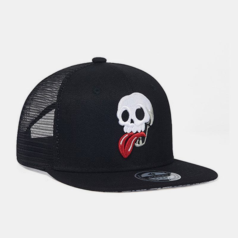 Unisex Mesh Patchwork Cartoon Skull Haft Big Flat Brim Oddychająca CZapka Z Daszkiem W Stylu Hip-hop