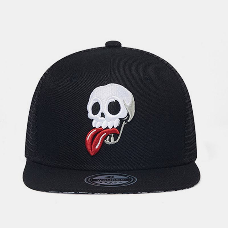 Unisex Mesh Patchwork Cartoon Skull Haft Big Flat Brim Oddychająca CZapka Z Daszkiem W Stylu Hip-hop