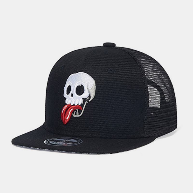 Unisex Mesh Patchwork Cartoon Skull Haft Big Flat Brim Oddychająca CZapka Z Daszkiem W Stylu Hip-hop