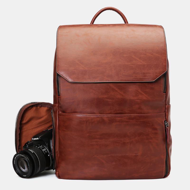 Unisex Plecak Wielofunkcyjny O Dużej Pojemności Retro Pu Leather Shoe Position Multi-pocket 14-calowa Torba Na Laptopa