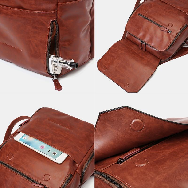 Unisex Plecak Wielofunkcyjny O Dużej Pojemności Retro Pu Leather Shoe Position Multi-pocket 14-calowa Torba Na Laptopa