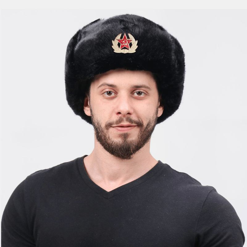 Unisex Plus Aksamitna Sowiecka Odznaka Ciepła Wiatroszczelna Ochrona Nauszników Outdoor Trapper Hat Ushanka Hat