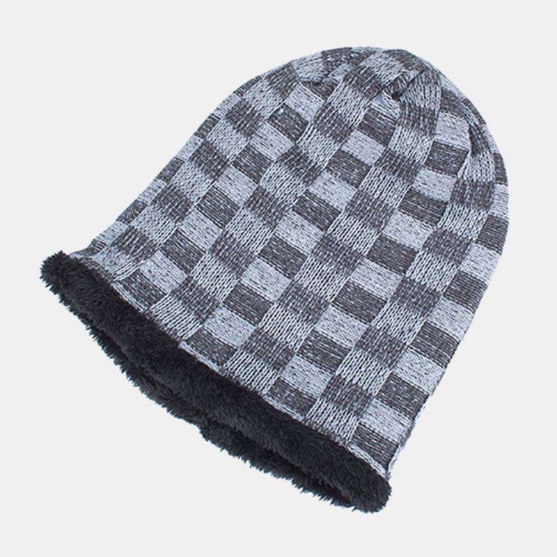 Unisex Pluszowa Zimowa Na Zewnątrz Plus Aksamitna Zagęścić Ciepły Kontrastujący Kolor Mały Kwadratowy Kapelusz Z Dzianiny Beanie Hat