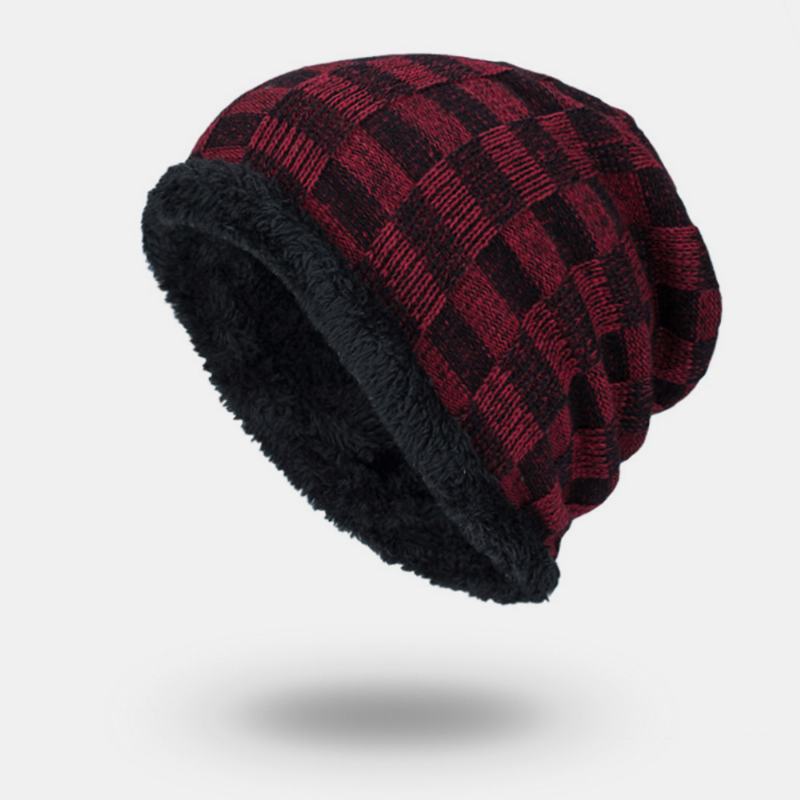 Unisex Pluszowa Zimowa Na Zewnątrz Plus Aksamitna Zagęścić Ciepły Kontrastujący Kolor Mały Kwadratowy Kapelusz Z Dzianiny Beanie Hat