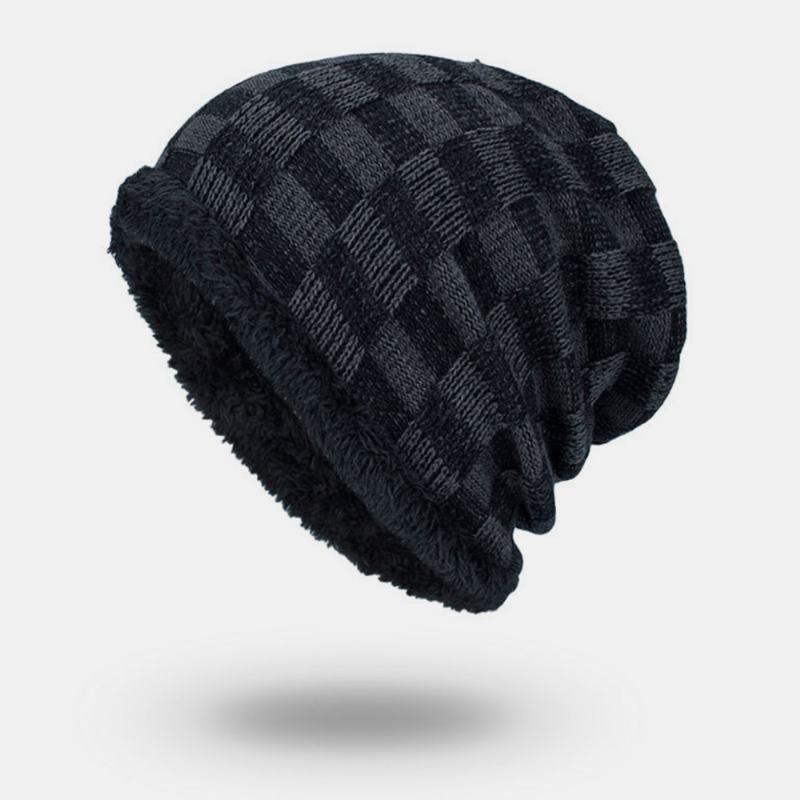 Unisex Pluszowa Zimowa Na Zewnątrz Plus Aksamitna Zagęścić Ciepły Kontrastujący Kolor Mały Kwadratowy Kapelusz Z Dzianiny Beanie Hat