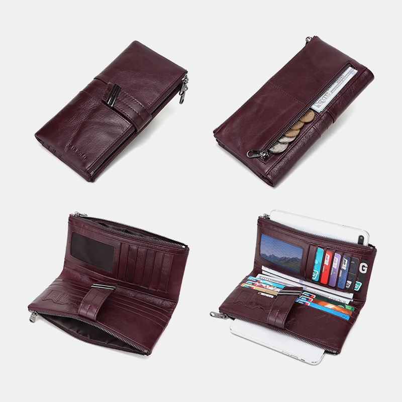 Unisex Prawdziwa Skóra Wosk Retro Jednolity Kolor Podwójny Zamek Sprzęgła Portmonetka Multi-slot Posiadacz Karty Portfel