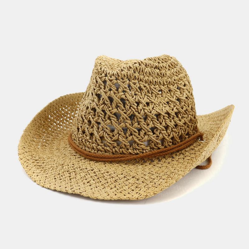 Unisex Ręcznie Robiony Krem Przeciwsłoneczny Travel Beach Sun Hat Kowbojski Kapelusz Panama Hat Słomkowy Kapelusz Z Regulowanym Sznurkiem