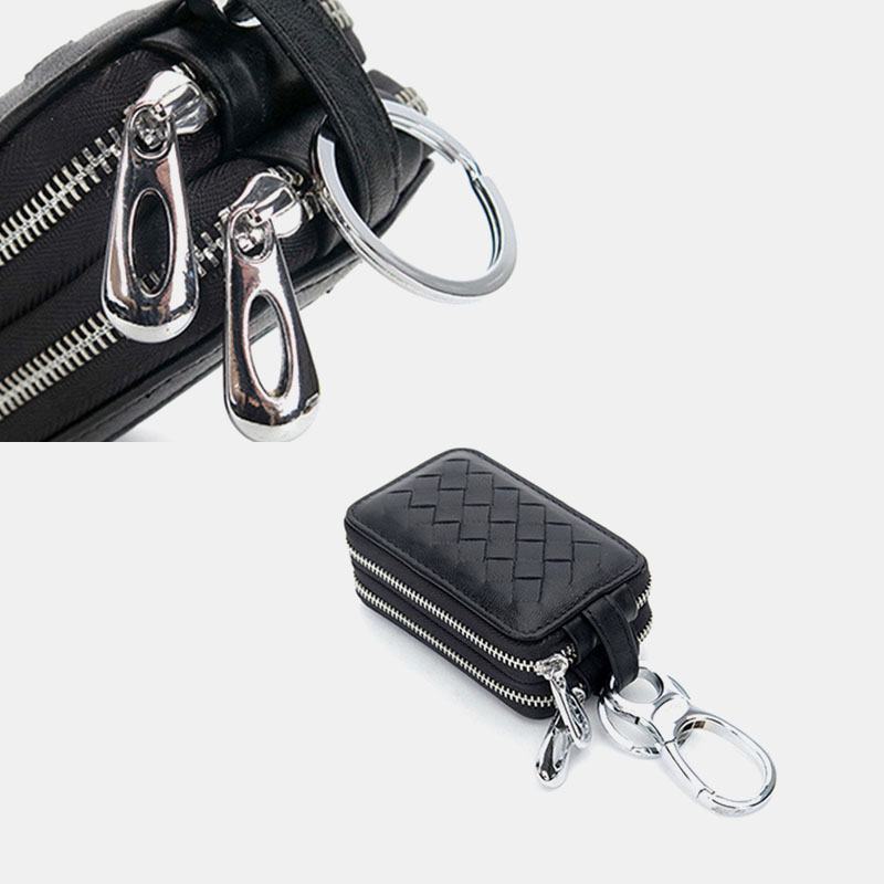 Unsiex Prawdziwa Skóra Podwójny Zamek Wiszący Tkany Wzór Car Key Case Holder Brelok Portfel