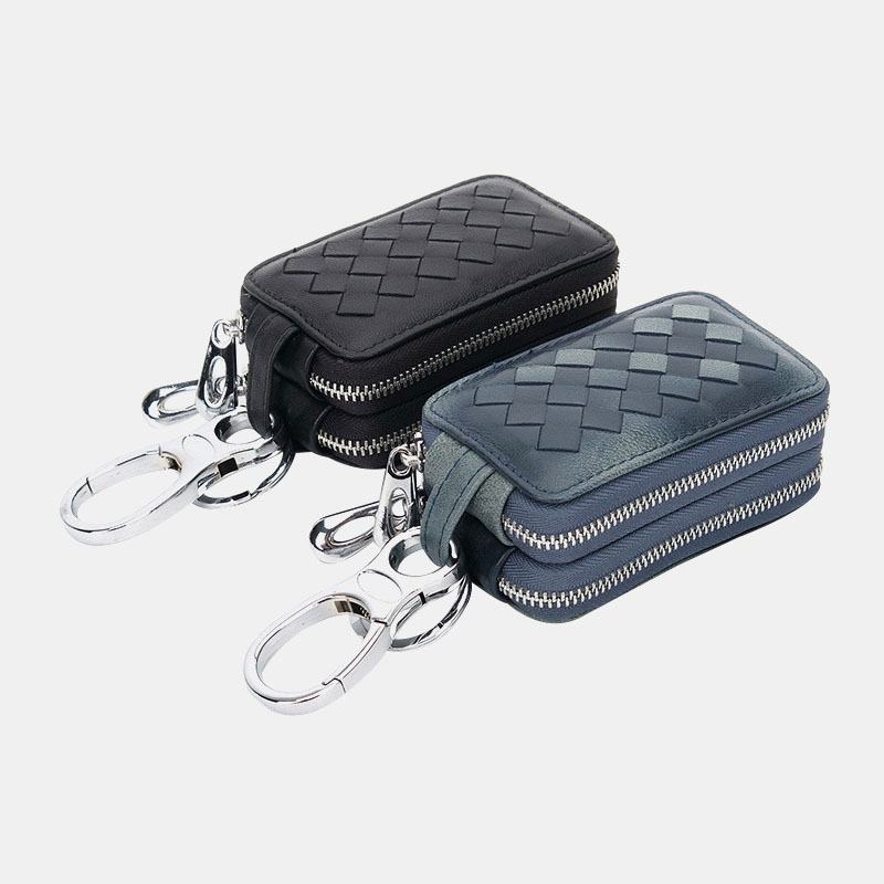 Unsiex Prawdziwa Skóra Podwójny Zamek Wiszący Tkany Wzór Car Key Case Holder Brelok Portfel