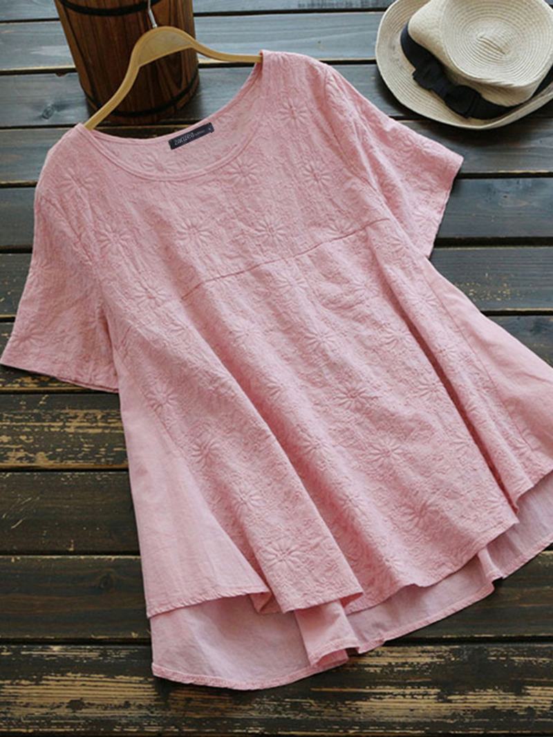 Vintage 100% Bawełna Solidne Kwiatowe O-neck Koszule Z Krótkim Rękawem