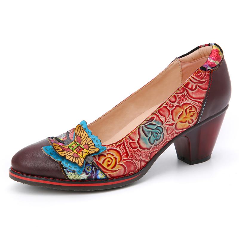 Vintage Butterfly Wytłaczane Kwieciste Skórzane Łączenie Przeszycia Slip-on Chunky Heel Pumps