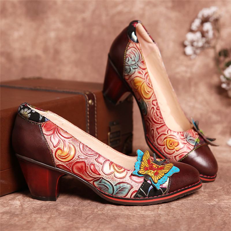 Vintage Butterfly Wytłaczane Kwieciste Skórzane Łączenie Przeszycia Slip-on Chunky Heel Pumps