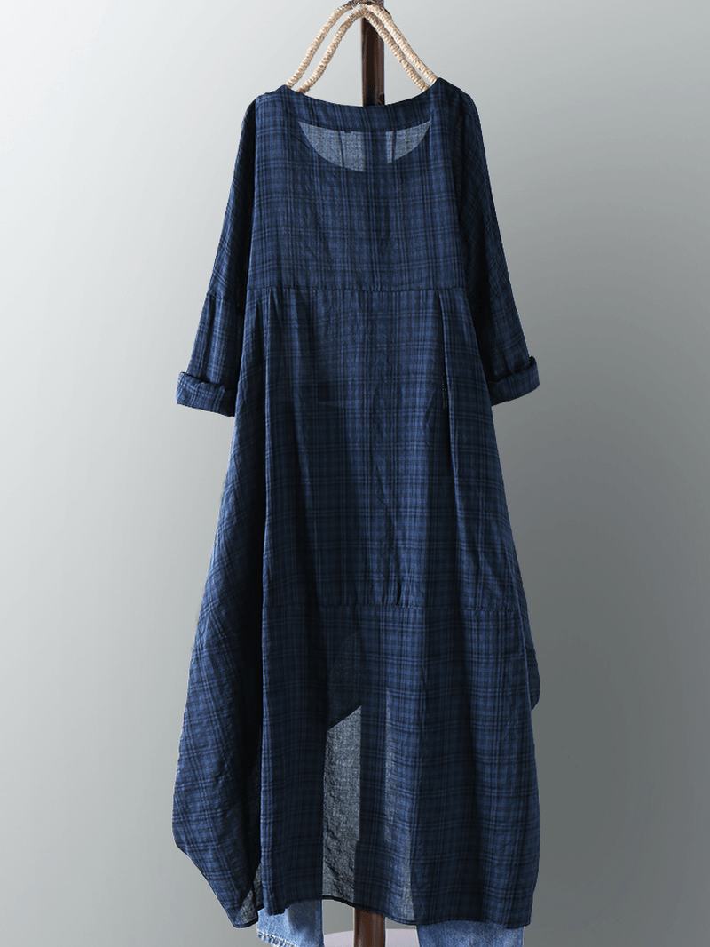Vintage Damskie Cotton Pocket Plaid Nieregularna Sukienka Maxi Z Dołem