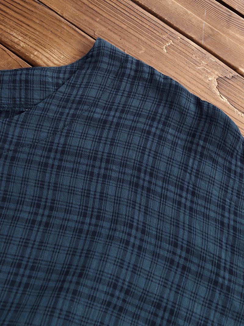 Vintage Damskie Cotton Pocket Plaid Nieregularna Sukienka Maxi Z Dołem