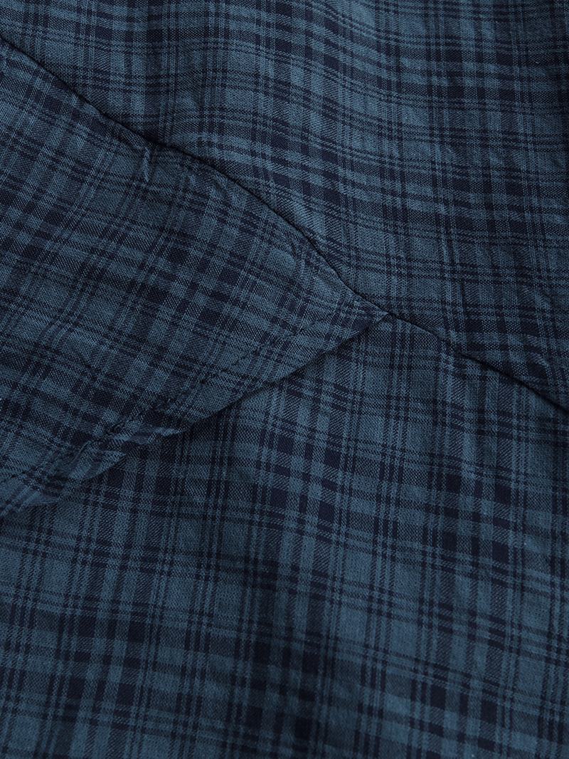 Vintage Damskie Cotton Pocket Plaid Nieregularna Sukienka Maxi Z Dołem