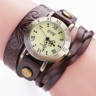 Vintage Retro Style Kobiety Kwarcowy Zegarek Skóra Bydlęca Nicked Cyfra Rzymska Skórzany Zegarek Na Rękę