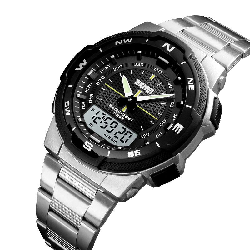 Wodoodporny Zegarek Ze Stali Nierdzewnej Chrono Dual Digital Watch Business Style Męskie Wrist Watch