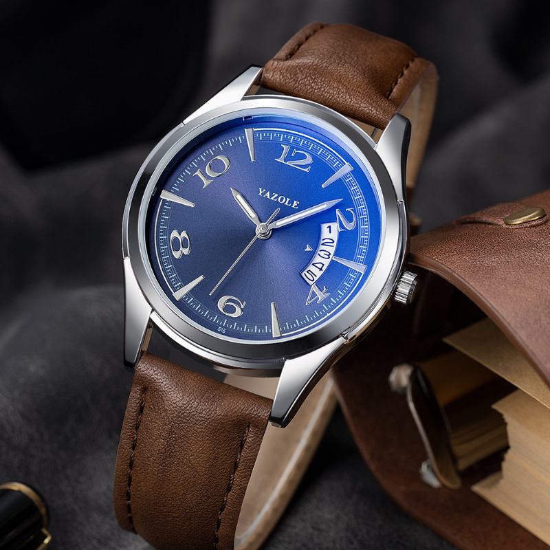 Wyświetlacz Daty Kalendarza Moda Skórzany Pasek Mężczyźni Casual Dial Luminous Display Zegarek Kwarcowy