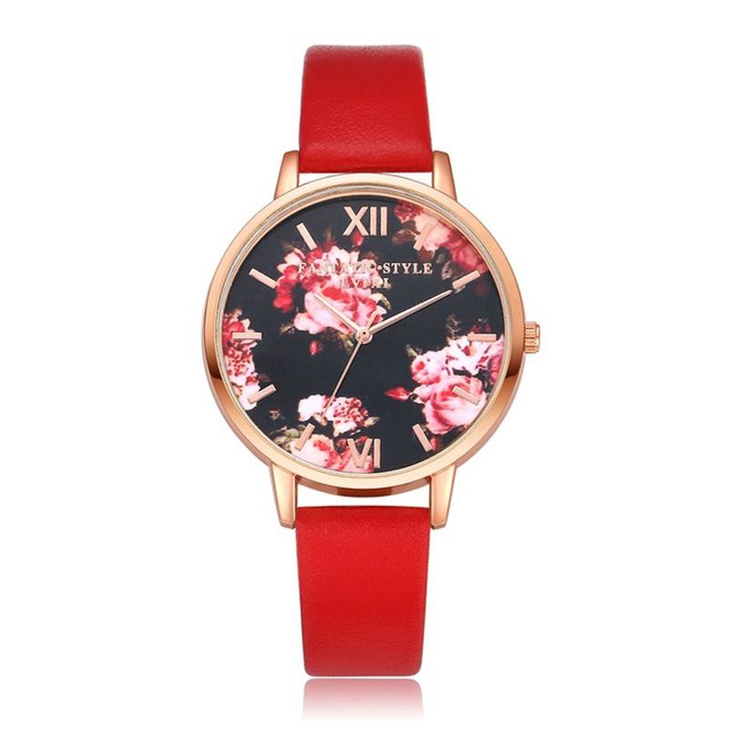 Wyświetlacz Kwiatowy Elegancki Design Damski Zegarek Na Rękę Pu Skórzany Pasek Kwarcowy Zegarek