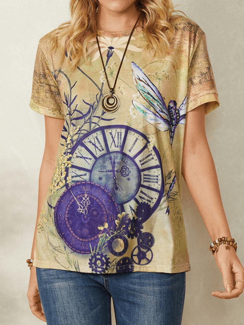 Zegar Z Nadrukiem Ważki Z Krótkim Rękawem O-neck Casual Vintage T-shirt Dla Kobiet