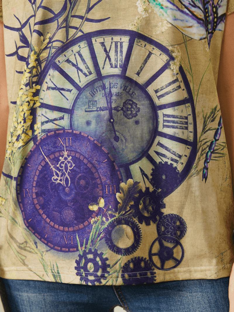 Zegar Z Nadrukiem Ważki Z Krótkim Rękawem O-neck Casual Vintage T-shirt Dla Kobiet
