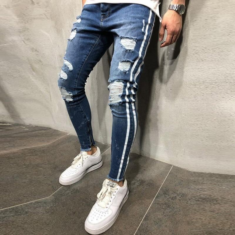 Zgrywanie Boczne Dżinsy W Paski Moda Streetwear Męskie Obcisłe Spodnie Jeansowe Ze Stretchem Slim Casual Denim Jeans Jeans Hombre