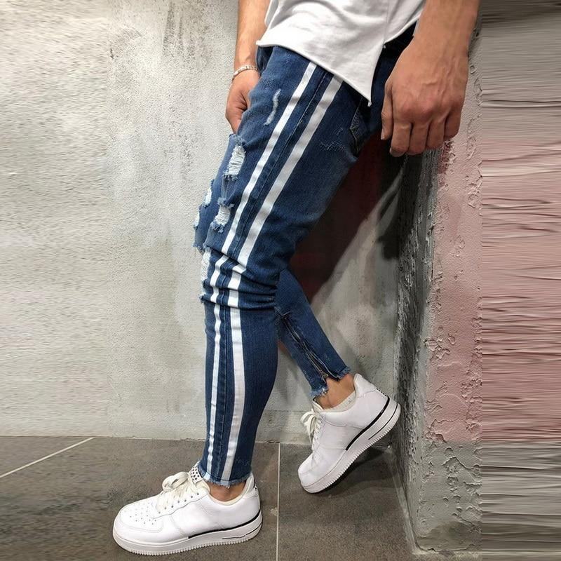 Zgrywanie Boczne Dżinsy W Paski Moda Streetwear Męskie Obcisłe Spodnie Jeansowe Ze Stretchem Slim Casual Denim Jeans Jeans Hombre