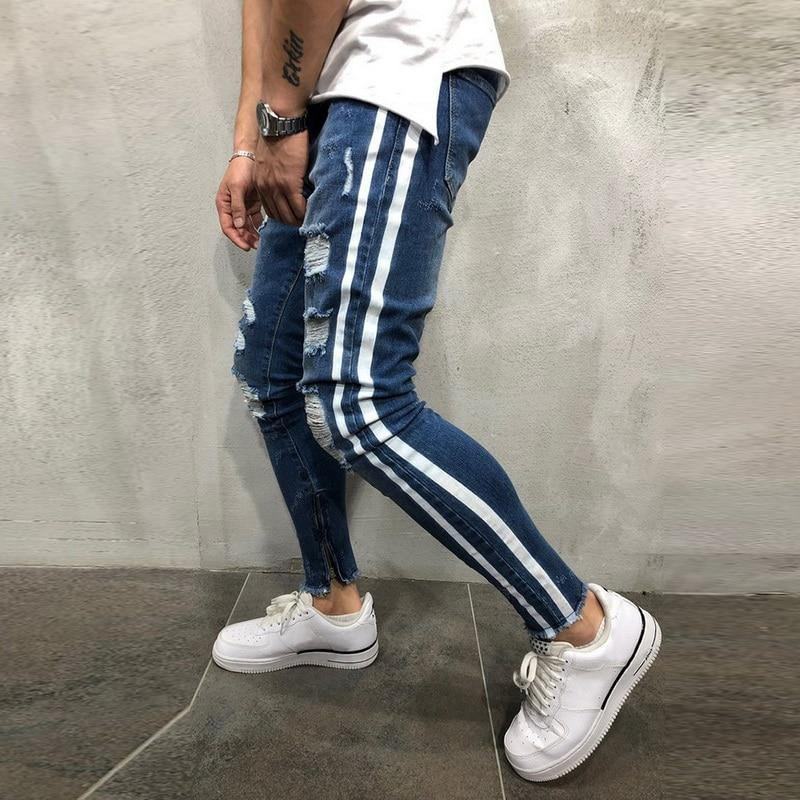 Zgrywanie Boczne Dżinsy W Paski Moda Streetwear Męskie Obcisłe Spodnie Jeansowe Ze Stretchem Slim Casual Denim Jeans Jeans Hombre